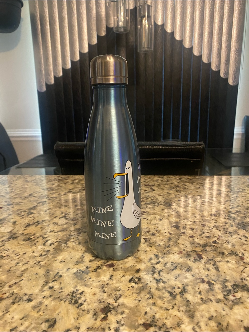 Blue Metallic Insulated Water Bottle with Seagull Graphic